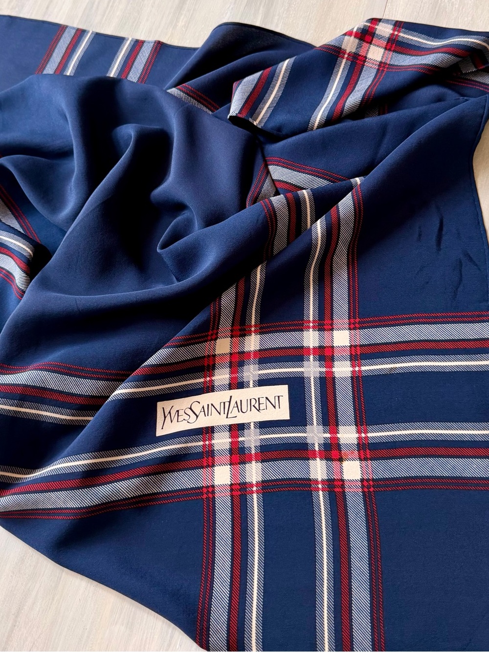 YSL 100% silk vintage scarf 33" x34" Deep Navy Rolled Hem Plaid